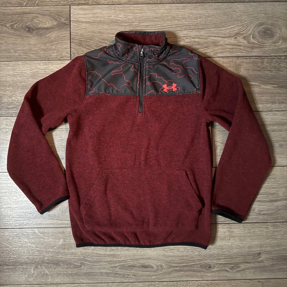 Under Armour Boys Maroon Quarter Zip Fleece Pullover Camo Panel Youth Medium M